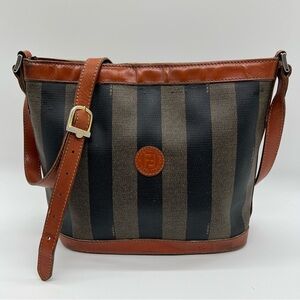 Fendi Vintage 80s Pequin Striped Coated Canvas & Leather Bucket Bag Fair Con
